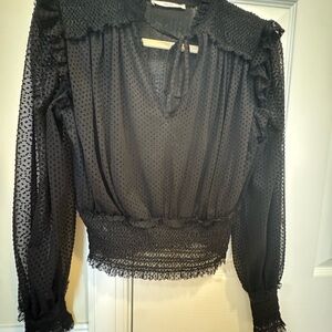 Mango Sheer Polka Dot Blouse Ruffle Neck Smocked Waist Romantic Top S